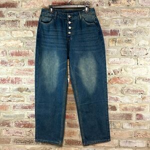 Button fly wide leg straight jeans large NEW